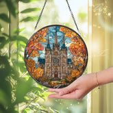 Cathedral Stained Glass Suncatcher, Round Gothic Church Window Panel with Autumn Trees, Architecture Landmark Glass Art Home Decor Gift